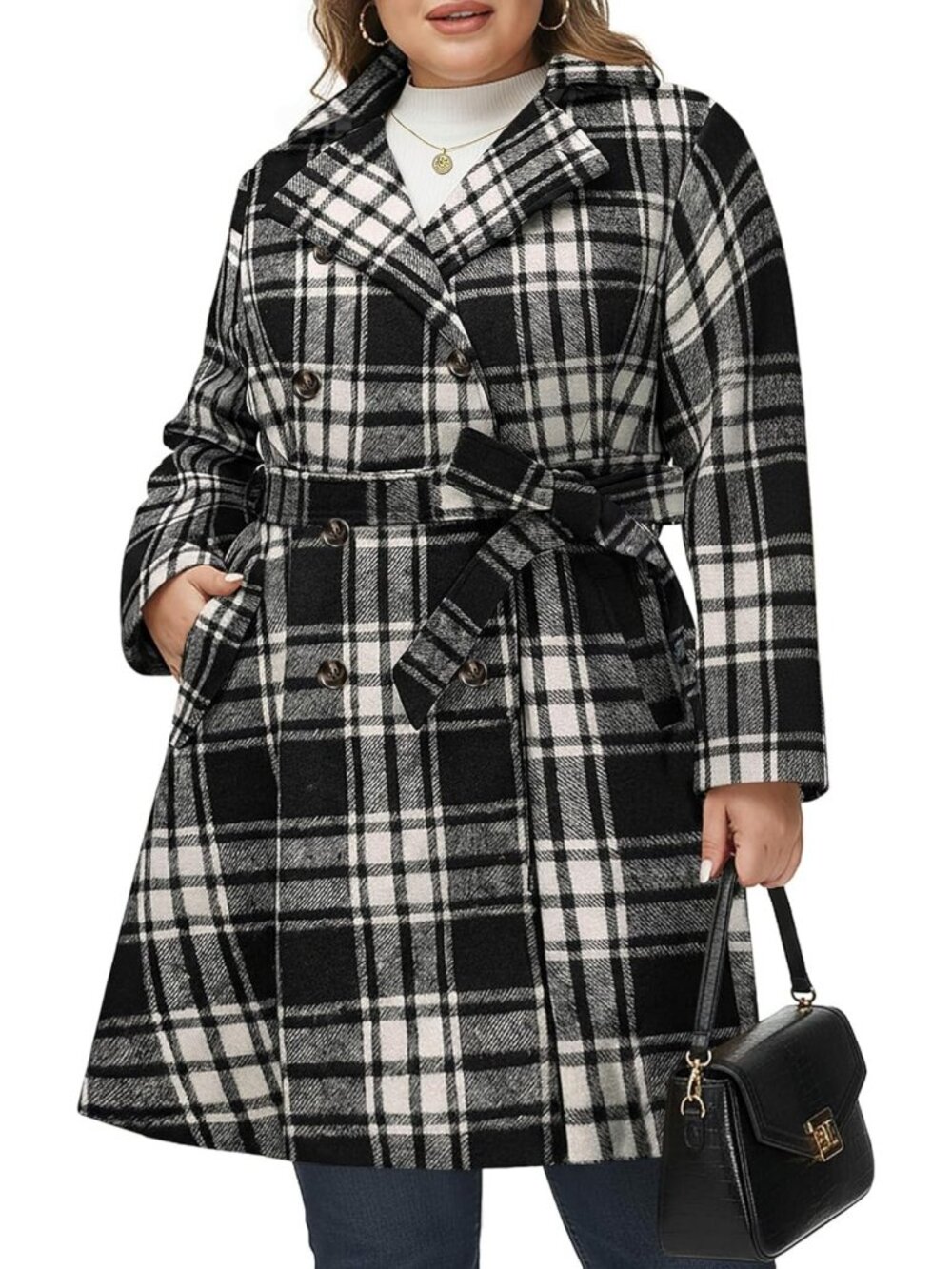 Plus Size Double Breasted Winter Coat with Belted Waist - Stylish & Warm